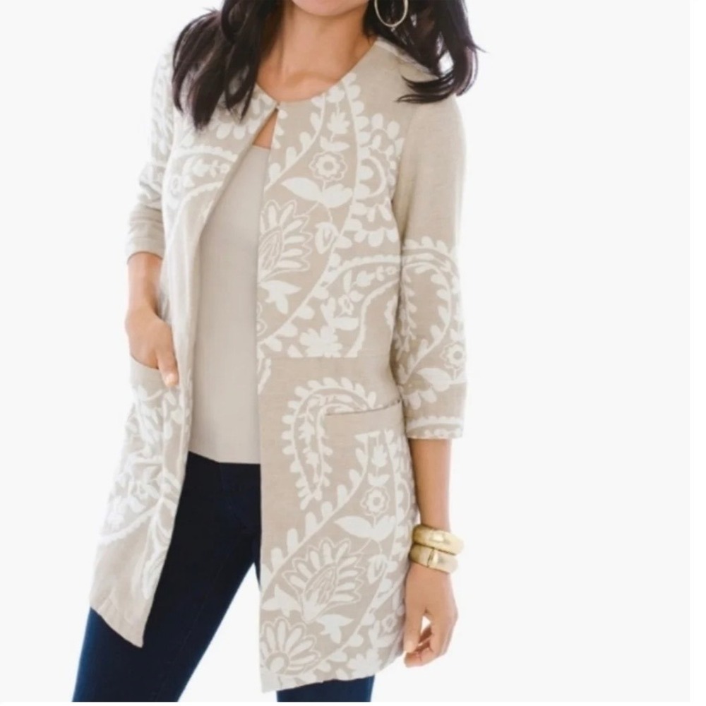 Chico's Bicolor Paisley Cotton Linen Blend Longline Topper Jacket Sz XL/16 Chic